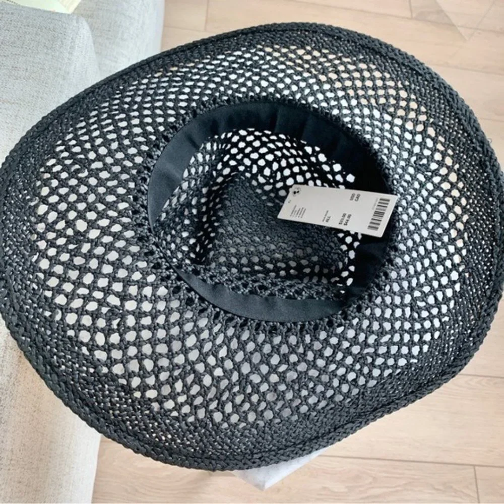 ☀️ Urban Outfitters Black Straw Raffia Panama Brimmed Open Weave Hat
